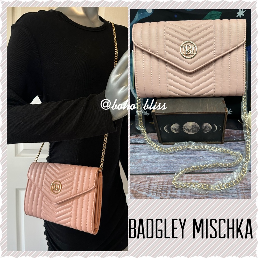 BADGLEY MISCHKA | Blush Pink Chevron Quilted Wallet Chain Bag NWT